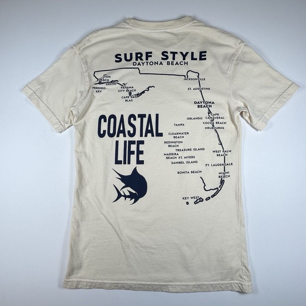 Surf Style Daytona Beach Florida Coastal Map Graphic Tee Size S Cream Cotton